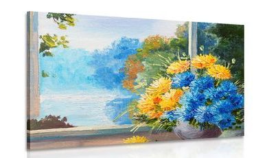 QUADRO BOUQUET DI FIORI SULLA FINESTRA - QUADRI DI FIORI - QUADRI