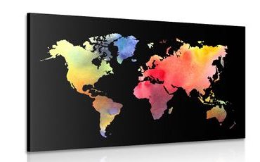 CANVAS PRINT WORLD MAP IN WATERCOLOR ON A BLACK BACKGROUND - PICTURES OF MAPS - PICTURES