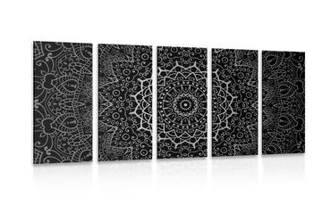 QUADRO IN 5 PARTI MANDALA IN STILE INDIANO IN BIANCO E NERO - QUADRI BIANCO E NERO - QUADRI