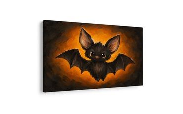 QUADRO SU TELA – PIPISTRELLO ADORABILE NEL BAGLIORE ARANCIONE - QUADRI HALLOWEEN E HORROR - STAMPE E QUADRI
