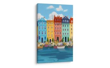 OBRAZ PASTELOVÉ MĚSTO S LODĚMI - BAREVNÉ DOMY - OBRAZY