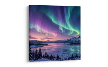 TABLEAU SUR TOILE – PAYSAGE HIVERNAL SOUS L’AURORE BORÉALE - TABLEAUX DES AURORES BORÉALES - TABLEAUX