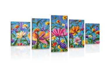 QUADRO IN 5 PARTI FIORI COLORATI NEL PRATO - QUADRI DI NATURA E PAESAGGIO - QUADRI