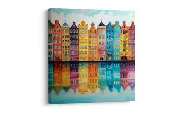 OBRAZ ODRAZ DOMŮ NA VODĚ - BAREVNÉ DOMY - OBRAZY