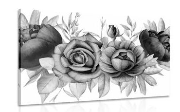 CANVAS PRINT CHARMING COMBINATION OF FLOWERS AND LEAVES IN BLACK AND WHITE - BLACK AND WHITE PICTURES - PICTURES