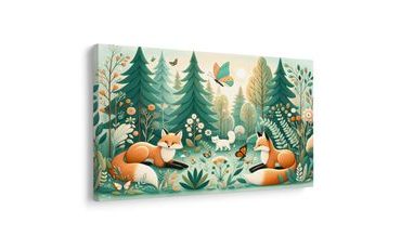 TABLEAU SUR TOILE – CALME FORESTIER AVEC DES RENARDS - TABLEAUX D'ANIMAUX POUR ENFANTS - TABLEAUX