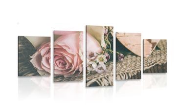 5-PIECE CANVAS PRINT ROSE IN JUTE - VINTAGE AND RETRO PICTURES - PICTURES