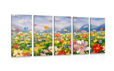 5-TEILIGES WANDBILD ÖLGEMÄLDE WILDE BLUMEN - BILDER VON NATUR UND LANDSCHAFT - BILDER