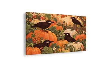 WANDBILD RABEN ZWISCHEN HERBSTLICHEN KÜRBISSEN - HALLOWEEN- UND HORROR-BILDER - BILDER
