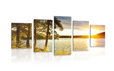 5-PIECE CANVAS PRINT SUNSET OVER THE LAKE - PICTURES OF NATURE AND LANDSCAPE - PICTURES