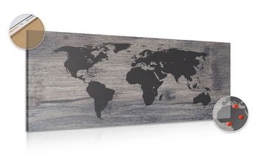 DECORATIVE PINBOARD WORLD MAP ON DARK WOOD - PICTURES ON CORK - PICTURES