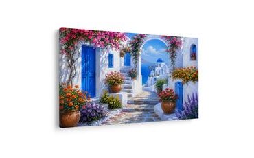 WANDBILD GRIECHISCHE GASSE MIT BLAUER KUPPEL - BILDER VON STÄDTEN - BILDER