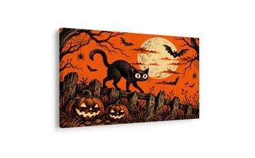 QUADRO SU TELA – GATTO NERO SOTTO LA LUNA - QUADRI HALLOWEEN E HORROR - STAMPE E QUADRI