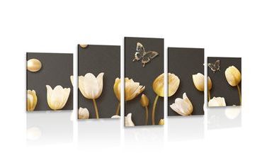 5-DÍLNÝ OBRAZ TULIPÁNY SE ZLATÝM MOTIVEM - OBRAZY KVĚTŮ - OBRAZY