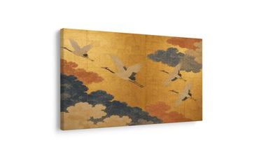 TABLEAU SUR TOILE – GRUES DANS DES NUAGES DORÉS - TABLEAUX D'OISEAUX - TABLEAUX