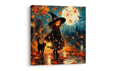 QUADRO SU TELA – GATTO NERO SOTTO LA LUNA PIENA - QUADRI HALLOWEEN E HORROR - STAMPE E QUADRI