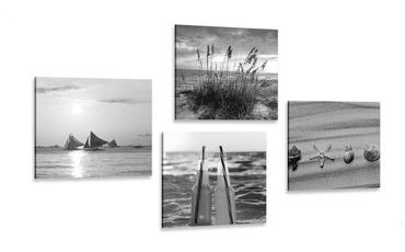 CANVAS PRINT SET SEA AND A BEACH IN BLACK AND WHITE - SET OF PICTURES - PICTURES