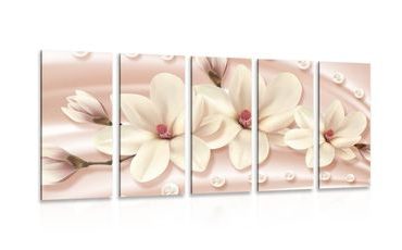 5-PIECE CANVAS PRINT LUXURIOUS MAGNOLIA WITH PEARLS - PICTURES FLOWERS - PICTURES