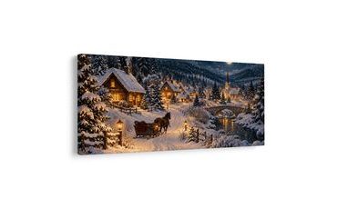 TABLEAU SUR TOILE – VILLAGE DE MONTAGNE ENNEIGÉ LA NUIT - TABLEAUX DE NOËL ET D’HIVER - TABLEAUX