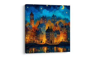 OBRAZ PODZIMNÍ VEČERNÍ POHÁDKA - BAREVNÉ DOMY - OBRAZY