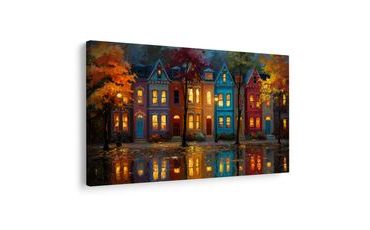 OBRAZ PODZIMNÍ VEČER V MĚSTĚ - BAREVNÉ DOMY - OBRAZY