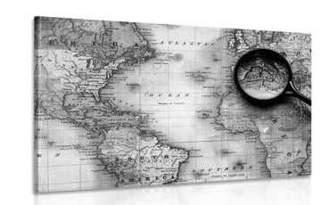 CANVAS PRINT BLACK AND WHITE WORLD MAP WITH A MAGNIFYING GLASS - BLACK AND WHITE PICTURES - PICTURES