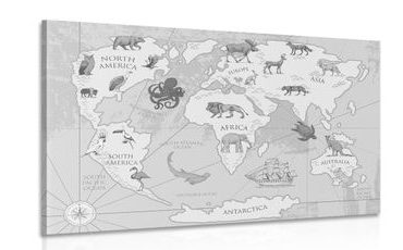 Slika crno-bijeli zemljovid svijeta sa životinjama
