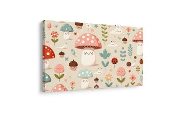 WANDBILD FRÖHLICHER WALD MIT PILZEN UND TIEREN - BILDER FÜR KINDER - BILDER