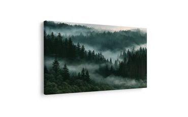 TABLEAU SUR TOILE – FORÊT DE CONIFÈRES MONTAGNEUSE DANS LA BRUME - TABLEAUX FORÊT - TABLEAUX