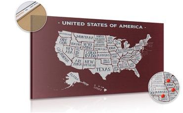 DECORATIVE PINBOARD EDUCATIONAL MAP OF THE USA WITH A BURGUNDY BACKGROUND - PICTURES ON CORK - PICTURES