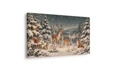 TABLEAU SUR TOILE – FORÊT HIVERNALE AVEC DES CERFS - TABLEAUX DE NOËL ET D’HIVER - TABLEAUX