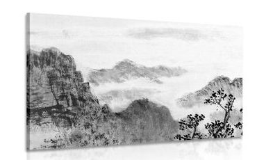 CANVAS PRINT TRADITIONAL CHINESE LANDSCAPE PAINTING IN BLACK AND WHITE - BLACK AND WHITE PICTURES - PICTURES