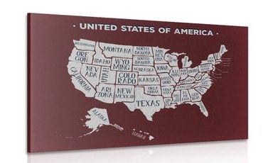 CANVAS PRINT EDUCATIONAL MAP OF THE USA WITH A BURGUNDY BACKGROUND - PICTURES OF MAPS - PICTURES