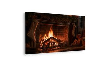 TABLEAU SUR TOILE – CHEMINÉE DE NOËL CHALEUREUSE AVEC FEU - TABLEAUX DE NOËL ET D’HIVER - TABLEAUX