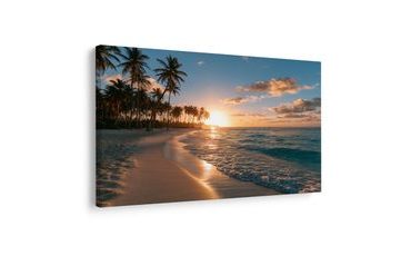 TABLEAU SUR TOILE – PLAGE TROPICALE AU COUCHER DU SOLEIL - TABLEAUX LEVER ET COUCHER DE SOLEIL - TABLEAUX
