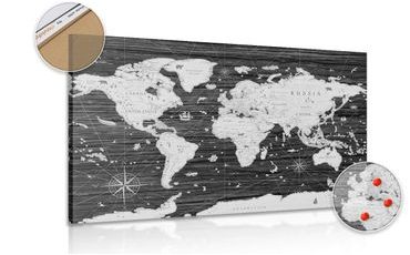 Decorative pinboard black and white map on a wooden background