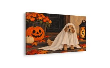 QUADRO SU TELA – CAGNOLINO FANTASMA CON ZUCCA - QUADRI HALLOWEEN E HORROR - STAMPE E QUADRI