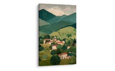 OBRAZ HORSKÉ PANORAMA S VESNICÍ - BAREVNÉ DOMY - OBRAZY