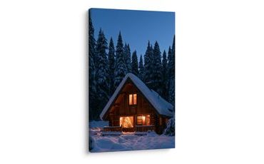 TABLEAU SUR TOILE – CHALET DE MONTAGNE ENNEIGÉ AU CRÉPUSCULE - TABLEAUX DE NOËL ET D’HIVER - TABLEAUX