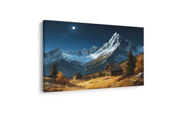 OBRAZ ZIMNÍ HORSKÁ CHALUPA V NOCI - BAREVNÉ DOMY - OBRAZY