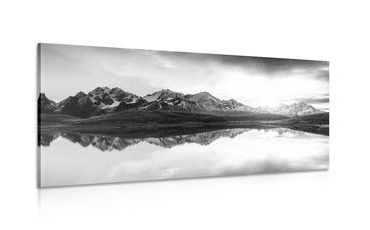 CANVAS PRINT DAZZLING SUNSET OVER A MOUNTAIN LAKE IN BLACK AND WHITE - BLACK AND WHITE PICTURES - PICTURES