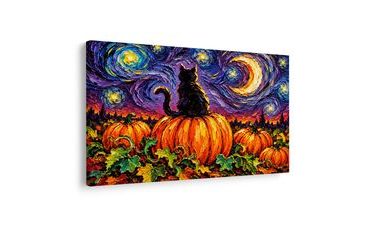 QUADRO SU TELA – GATTO NERO SULLA ZUCCA - QUADRI HALLOWEEN E HORROR - STAMPE E QUADRI