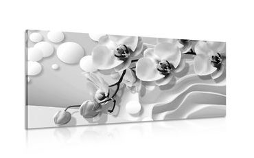 CANVAS PRINT BLACK AND WHITE ORCHID ON AN ABSTRACT BACKGROUND - BLACK AND WHITE PICTURES - PICTURES