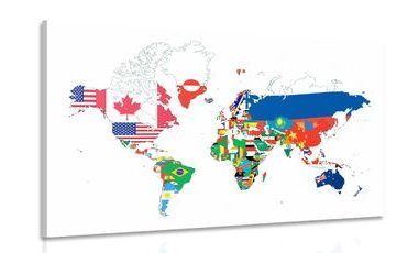 IMPRESSION SUR TOILE CARTE DU MONDE AVEC DES DRAPEAUX SUR UN ARRIÈRE-PLAN BLANC - CARTES D'IMPRESSIONS SUR TOILE - IMPRESSION SUR TOILE