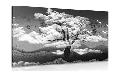 CANVAS PRINT BLACK AND WHITE TREE COVERED IN CLOUDS - BLACK AND WHITE PICTURES - PICTURES