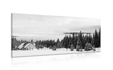 CANVAS PRINT COTTAGE IN SNOWY NATURE IN BLACK AND WHITE - BLACK AND WHITE PICTURES - PICTURES