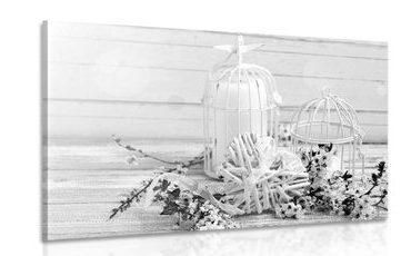CANVAS PRINT CHERRY BRANCH AND LANTERNS IN BLACK AND WHITE - BLACK AND WHITE PICTURES - PICTURES