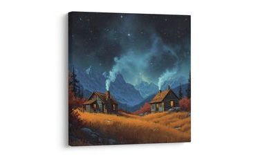 OBRAZ SVÁTEČNÍ NOČNÍ OBLOHA - BAREVNÉ DOMY - OBRAZY