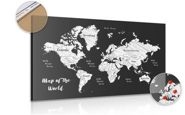 DECORATIVE PINBOARD BLACK AND WHITE UNIQUE WORLD MAP - PICTURES ON CORK - PICTURES