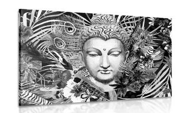 CANVAS PRINT BUDDHA ON AN EXOTIC BACKGROUND IN BLACK AND WHITE - BLACK AND WHITE PICTURES - PICTURES